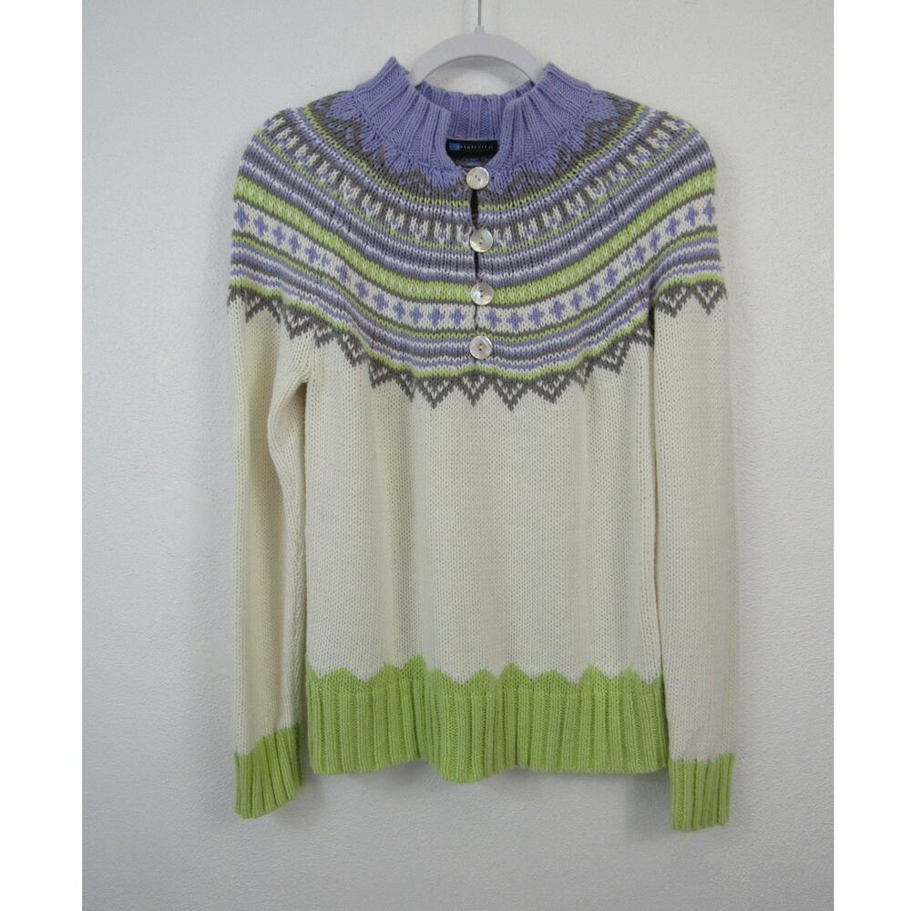 Relativity Medium Cream Purple Green Fair Isle Printed Pullover Sweater Mockneck